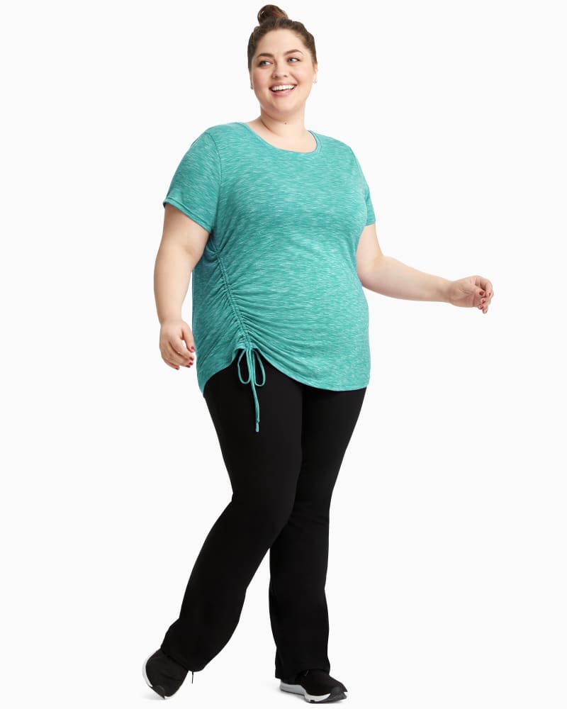 Plus size model with rectangle body shape wearing Quince Ruched Tee by Marribee | Dia&Co | dia_product_style_image_id:111606